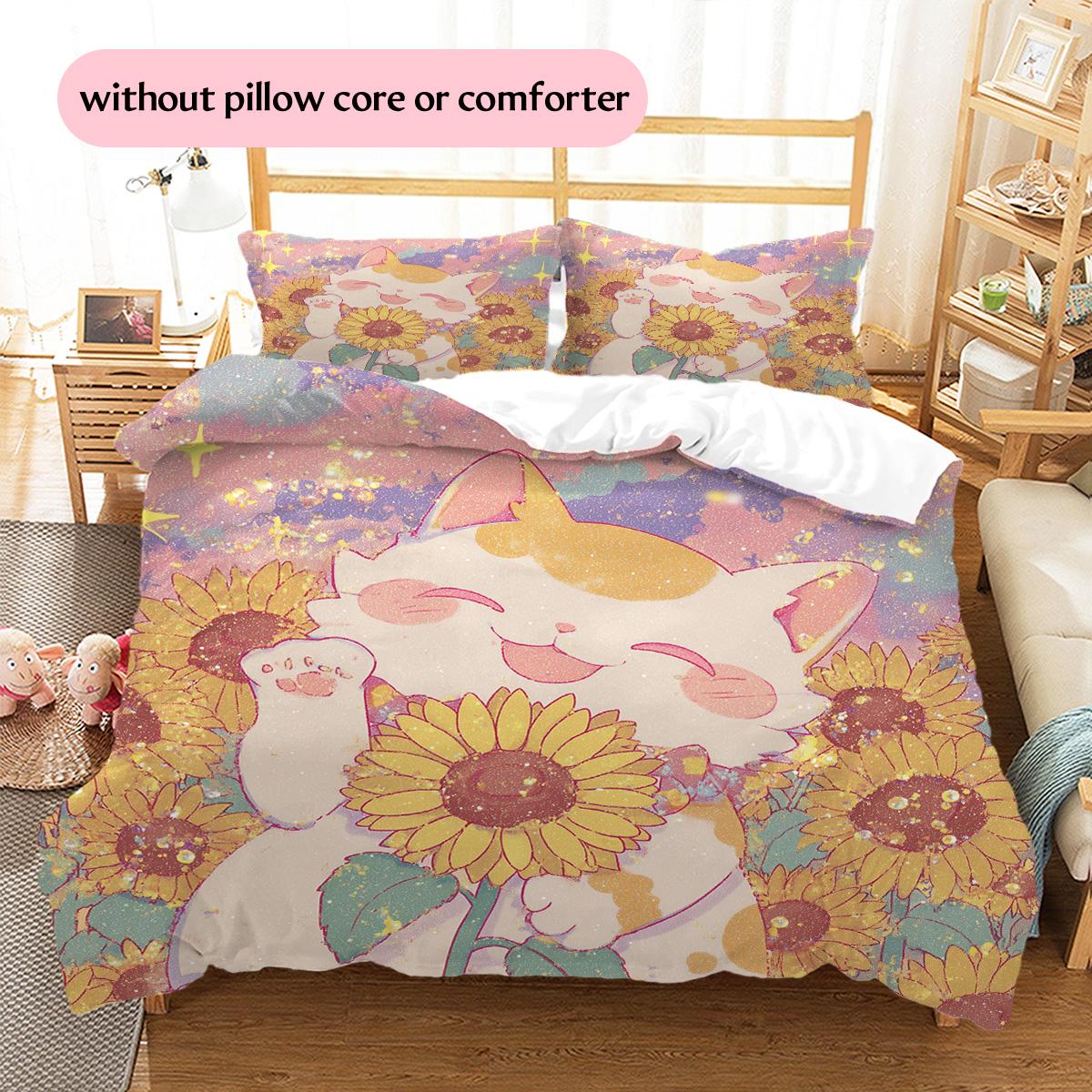 

Rainbow Flower Cat Pattern Bedding Quilt Set Quilt Cover Pillowcase Home Decoration Gift (1 * duvet cover + 2 * pillowcase, without core) 135x200cm