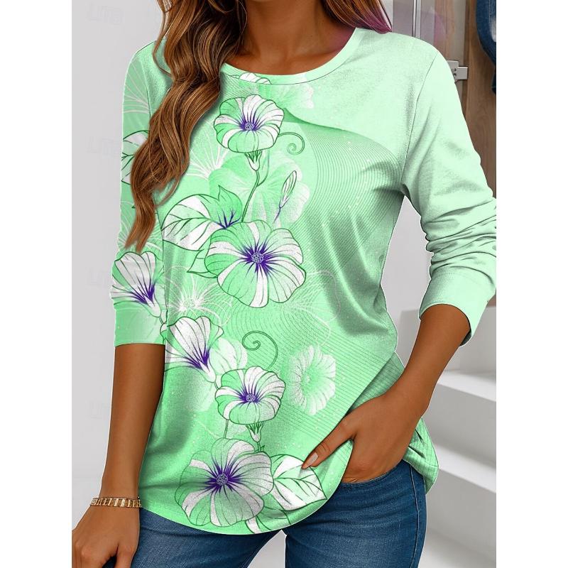 Women's T Shirt Floral Graphic Plants Stylish Summer Casual Long Sleeve T-shirts Round Neck Regular Tops Flower Printed Pullover