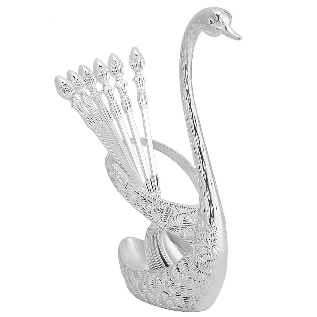 Stainless Steel Spoon Tableware Kit with Zinc Alloy Swan Shape Holder Storage OrganizerSilver