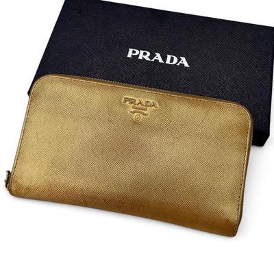 Used Prada Saffiano Leather Zip-Around Wallet Gold Guarantee