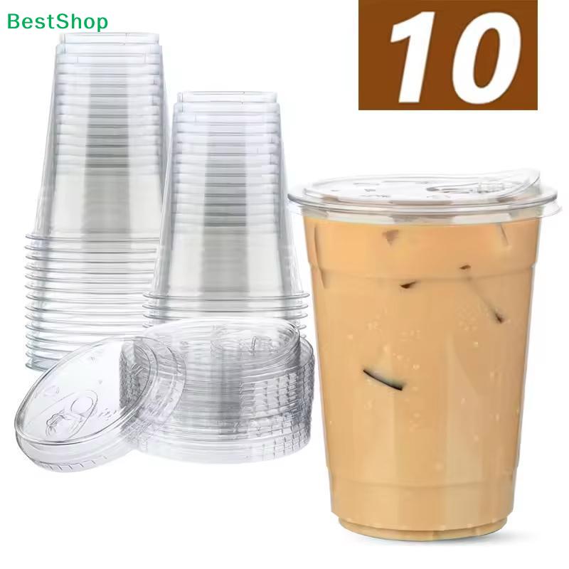 Clear Plastic Cups With Lids 10 Pack, 16 Oz Disposable Cups For Iced Coffee Bubble Tea, Durable & Leak-Proof