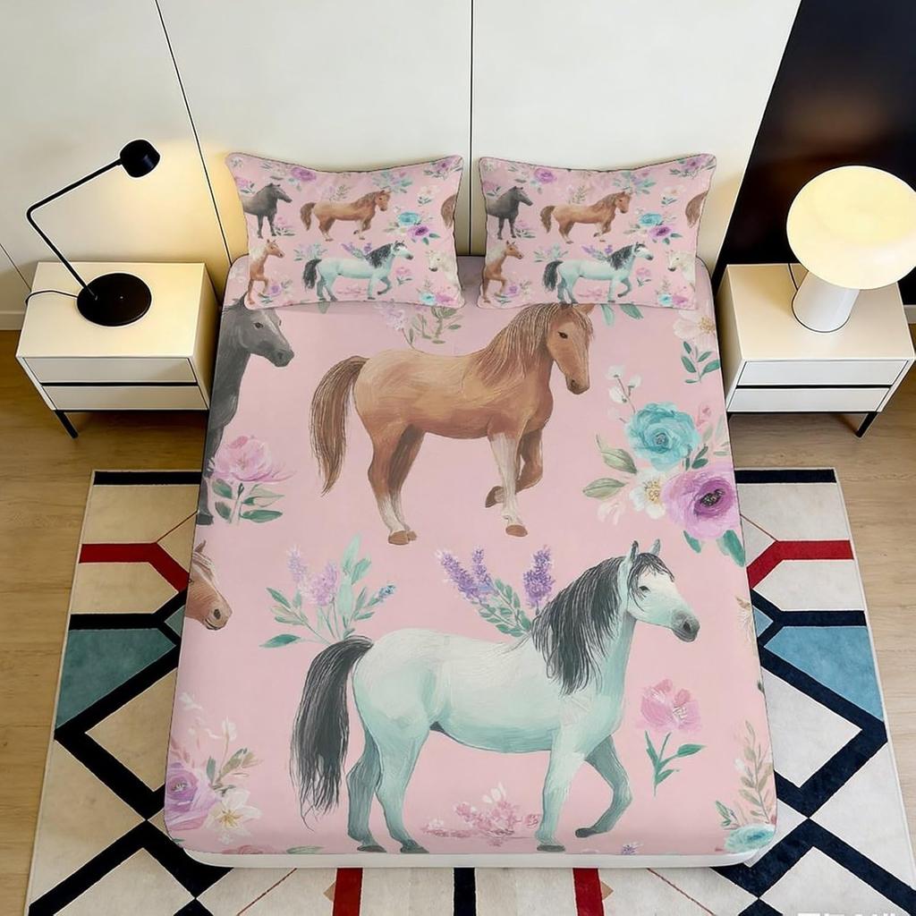 Horse Pattern Fitted Sheet, Microfiber Bed Cover,non-slip,mattress Protection,easy Care,all Season, Breathable, Machine Washable