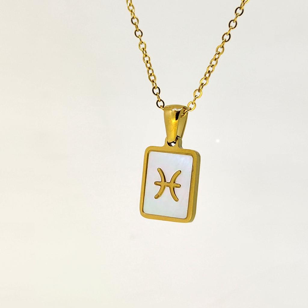 1pc Shell Zodiac Sign Necklace, Stainless Steel Square Pendant With White Shell, Perfect For Women
