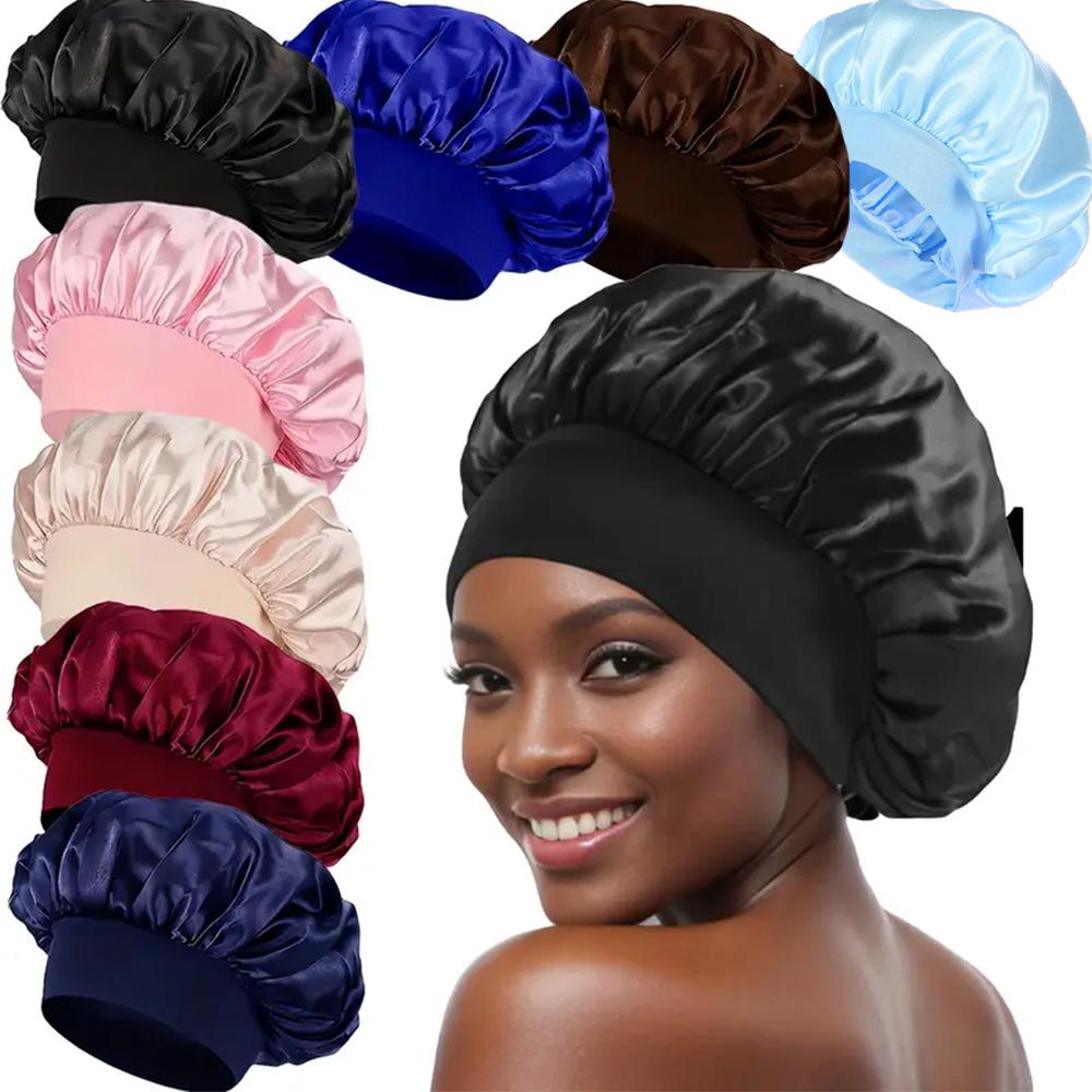 8pcs Silky Satin Bonnet Reusable Elastic Wide Band Shower Cap Sleep Cap Hair Protection Cap For Women Curly Hair Natural Hair