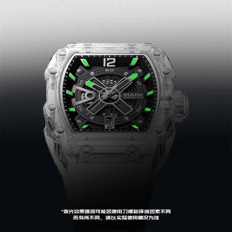 Mark Fairwhale Herren S Automatische Mechanische Skelettuhr Transparentes Design Acrylgehäuse 43mm Gummiarmband Wasserdicht Leuchtend