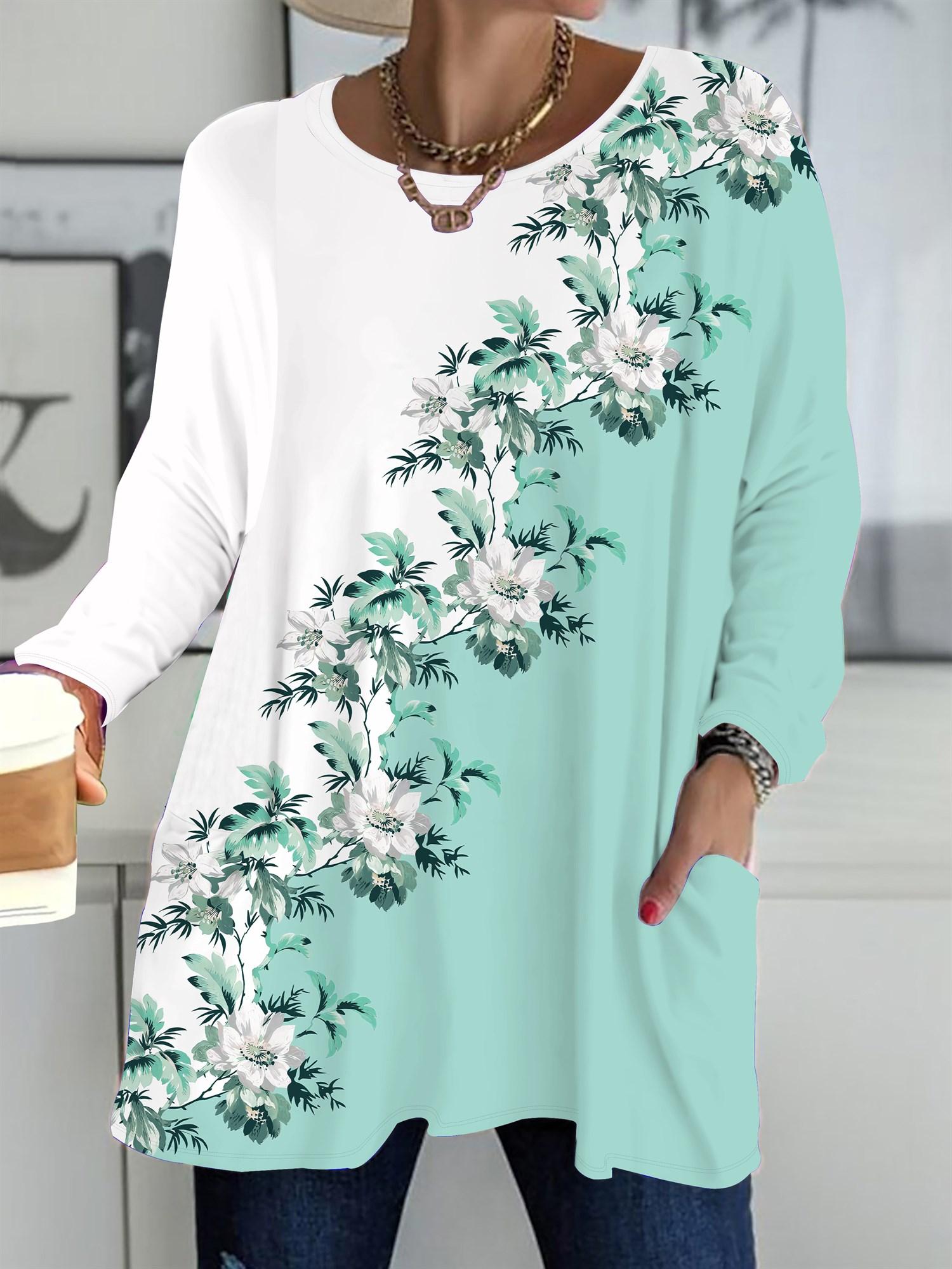 

Осень-Зима 2025 Новые Женские Топы Большого Размера, Модные Футболки с 3D-принтом цветов, с Круглым Вырезом и Длинным Рукавом 6XL зелёный