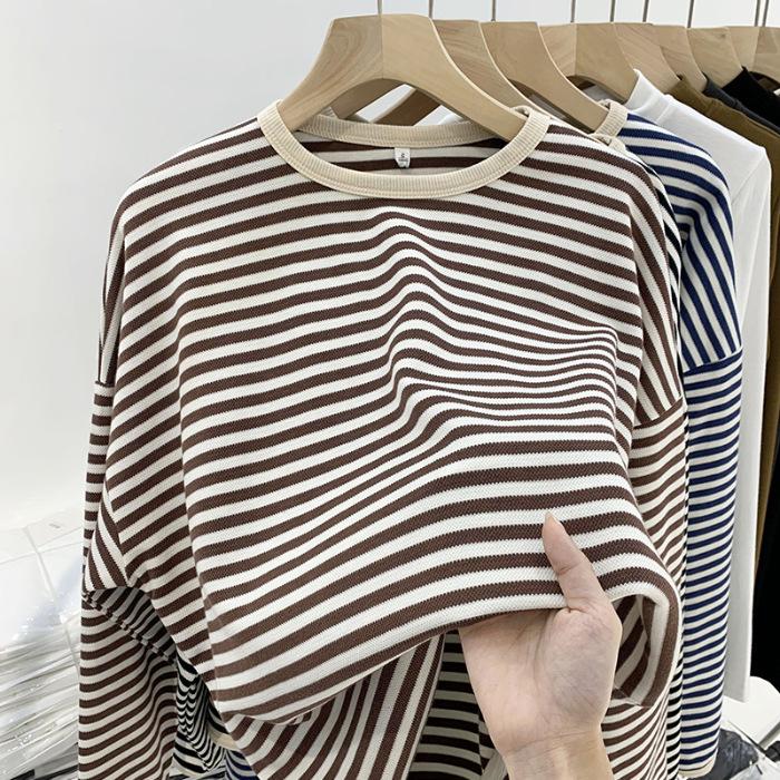 Ontwerp gestreept trui 2026 herfst nieuw binnenste basis shirt los lui stijl lange mouwen T-shirt top dames