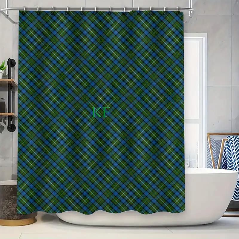 

Blue Green Plaid Shower Curtain Custom Monogrammed Bath Decor Waterproof Liner For Home Bathroom Wedding Housewarmi W60H190(CM)-1 Pcs
