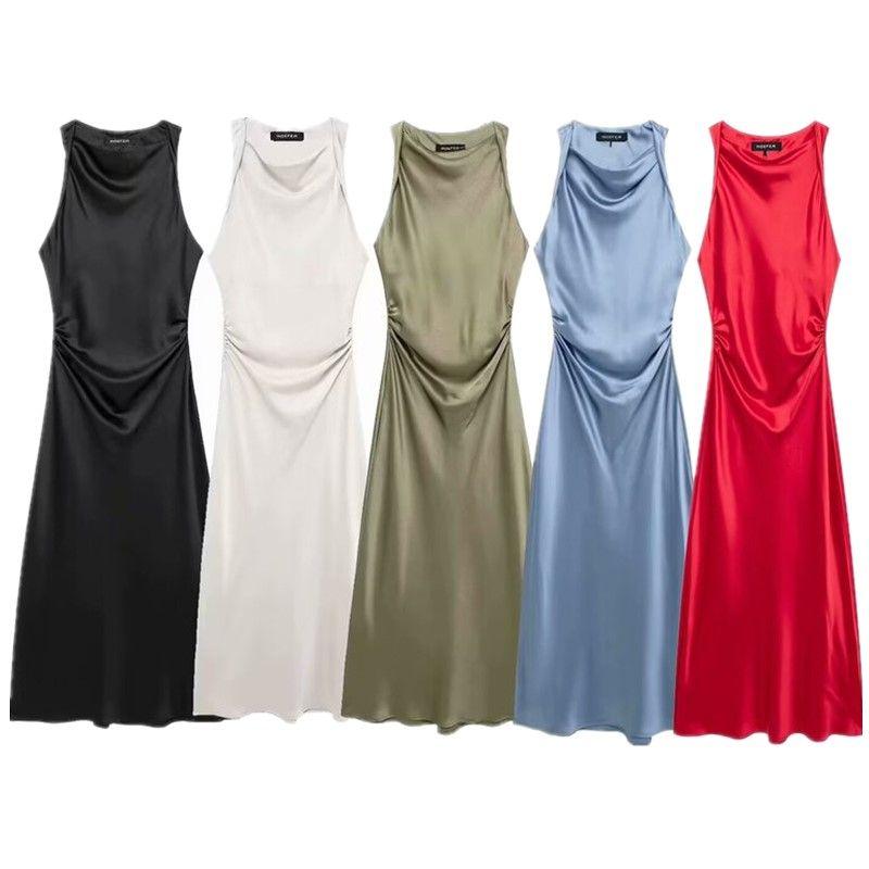 Fashion Style 2024 Summer New Arrival Women's Sleeveless Versatile Silk Satin Texture Midi Skirt Long Dress 2124305