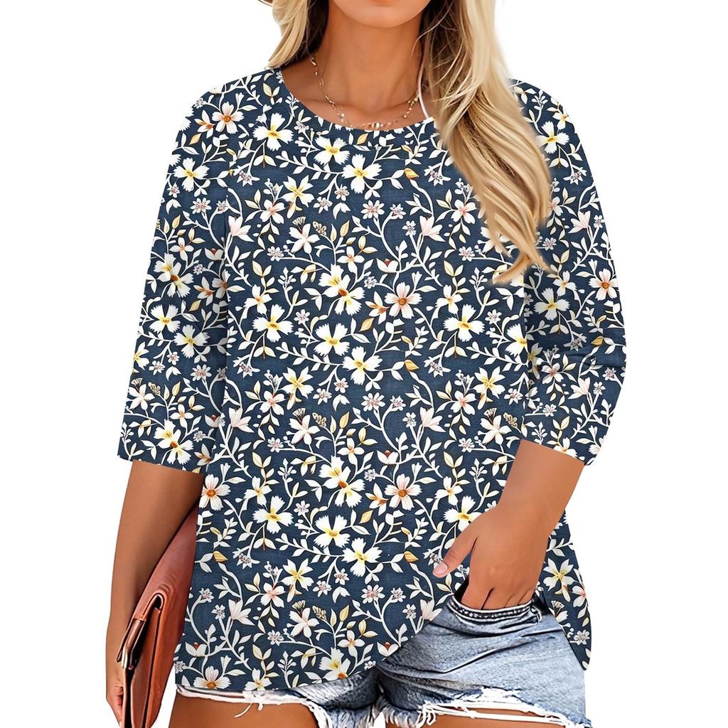 Women's Fashion Casual Print Round Neck 3/4 Sleeve T-Shirt Top
