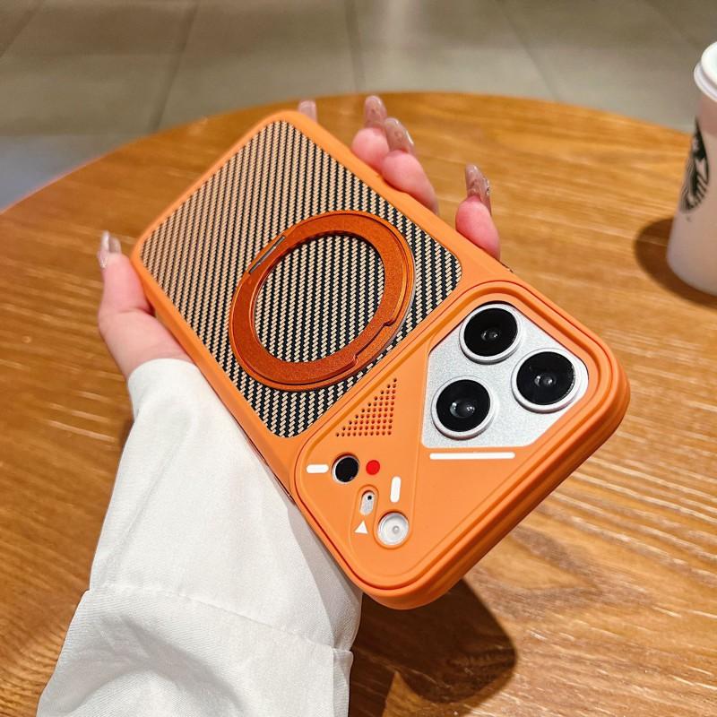 360 Rotating Magnetic Phone Case IPhone 17 Pro Max With Carbon Fiber Texture Stand Shock Absorption iPhone 17 Pro Max оранжевый