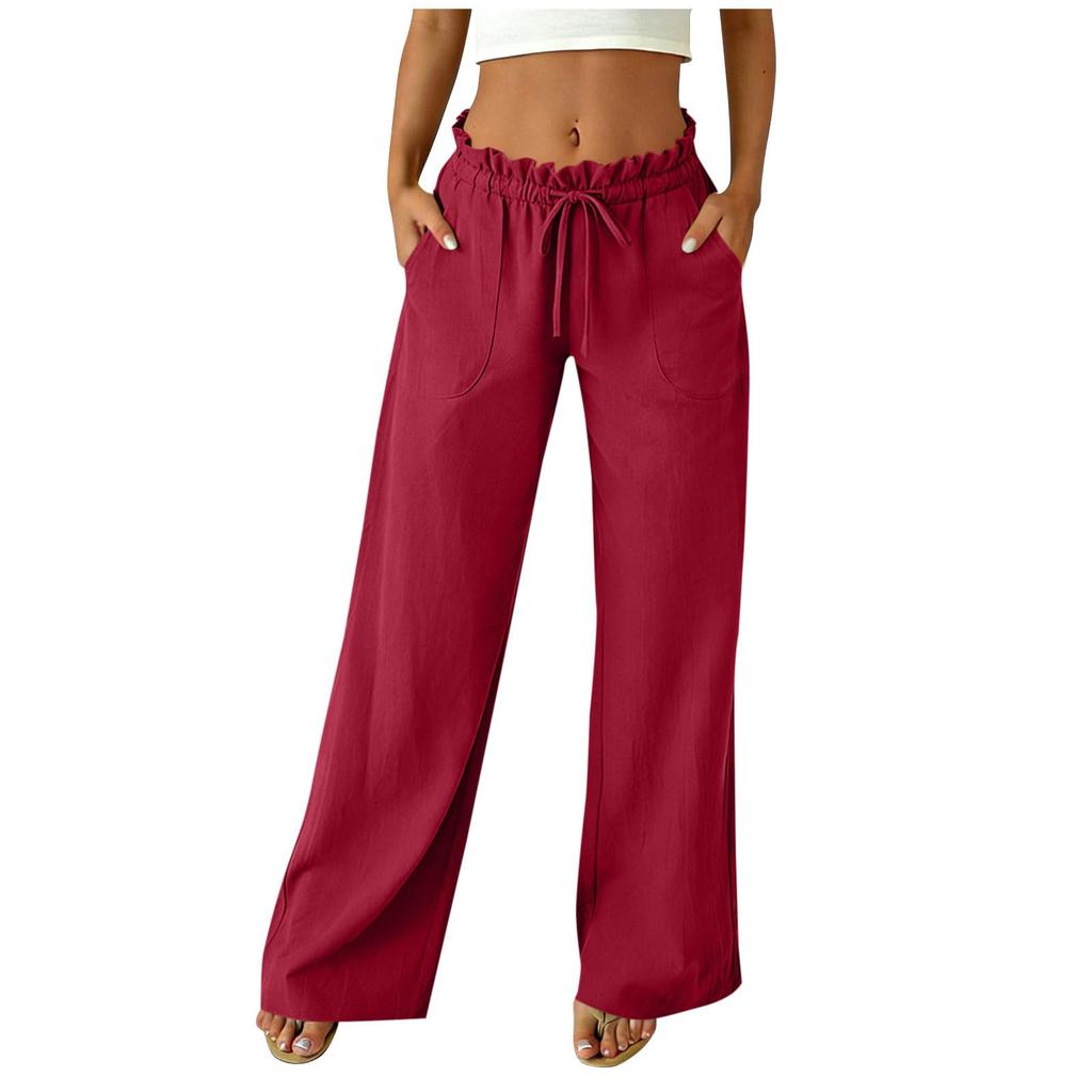 Women's Casual Relaxed Fit High-Waisted Belted Pocket Cotton-Linen Blend Trousers