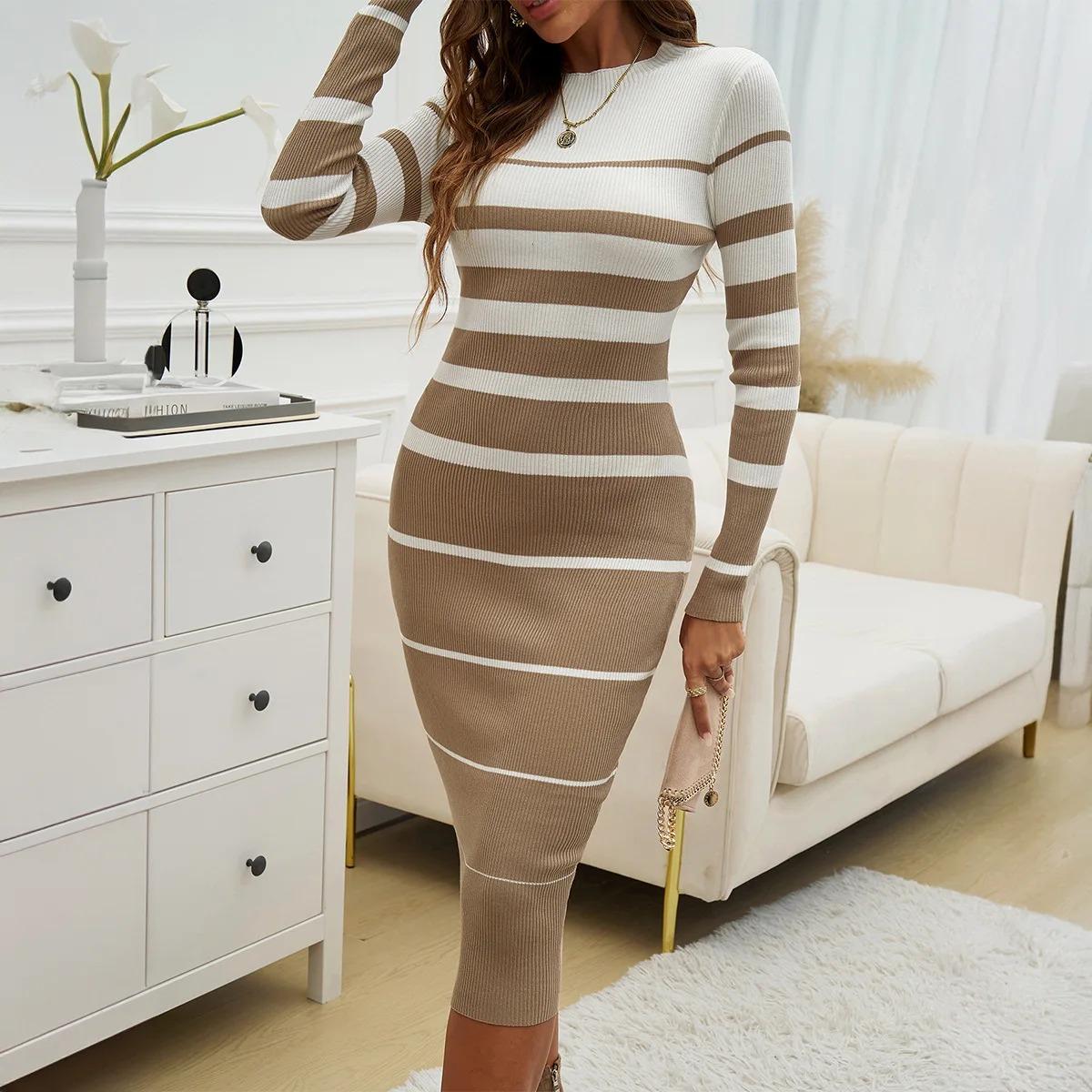 

LYRIA Women Patchwork Streetwear Dress Long Sleeve Knit Office Lady Elegant Dress Striped Bodycon Dress Fall Holiday Vestido S