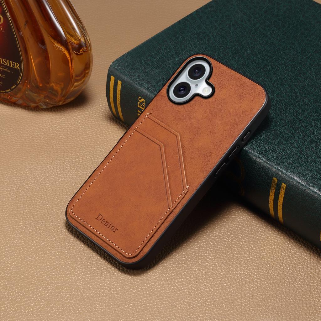 DENIOR For iPhone 16 Case Dual Card Slots PU Leather+TPU+PC Phone Cover