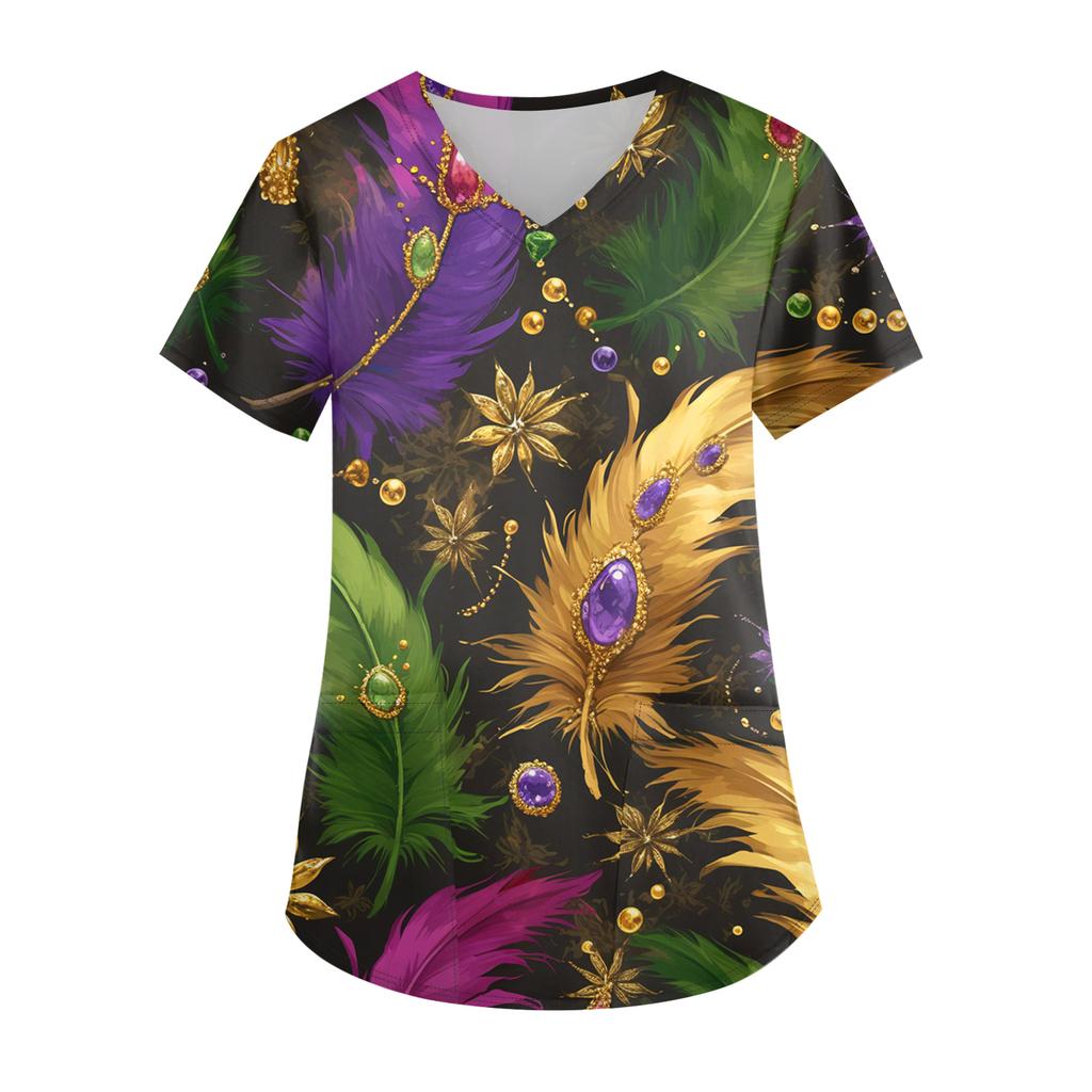 Ladies' Carnival Printed Fashion V-neck Pocket Short Sleeved Nurse's Wear And Worker's Top