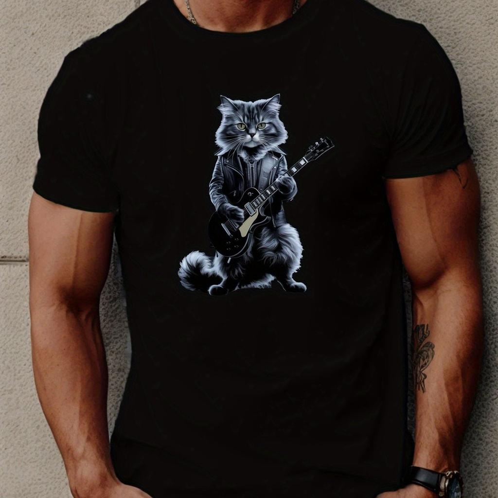 Rockstar Cat Graphic Tee Men Funny Musician Print Short Sleeve Casual Cotton T-Shirt