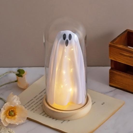 Halloween Indoor Ghost Decoration Light Up Ghost in Glass Cloche with Wood Base Cute Ghost Night Light for Home Kitchen Mantel Shelf Fireplace Decor
