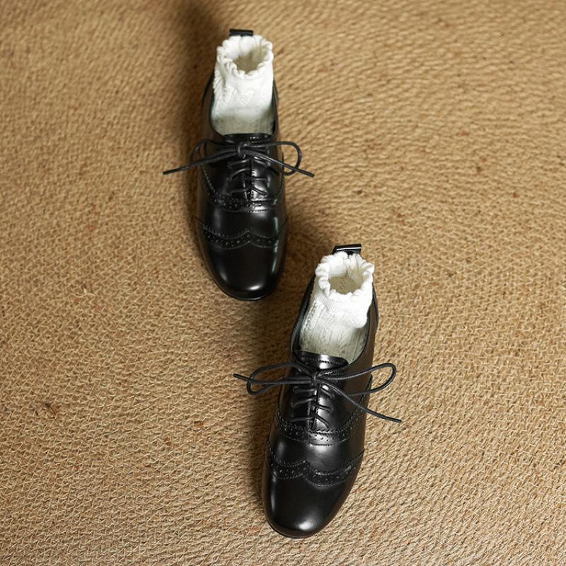 New leather loafers women's lace-up platform non-slip sheepskin women's shoes black large size shoes four seasons casual single shoes women