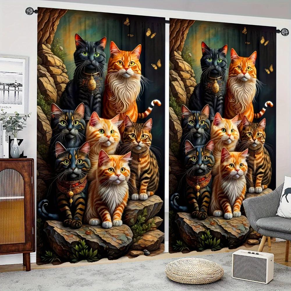 2Pcswindow Curtains Cute Animal Cat Pattern Printcurtains Can Be Customizedcurtains For Living Space Kitchen Area And Bedroom Space