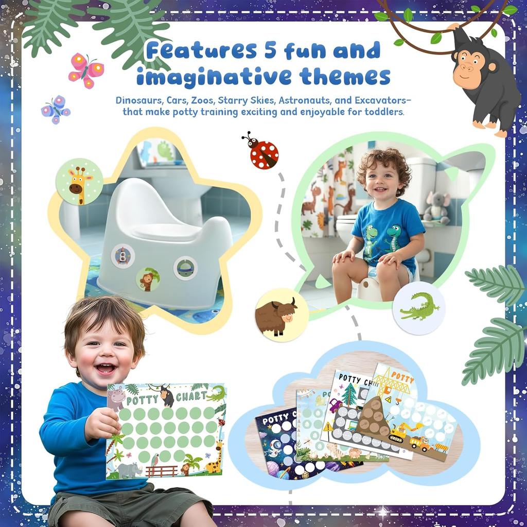 Potty Training Chart for Boys, 17 PCS Potty Training Sticker Chart Set, 5 Cute Themes Potty Chart Including Dinosaurs, Cars, Zoo and More.