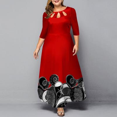 Women O-neck 3/4 Sleeve Maxi Dress Hollow Out Printing Loose Hem High Waist A-Line Gown Long Dress
