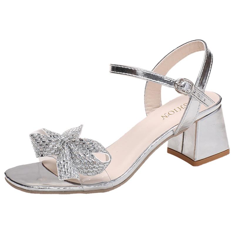 

мода Золотые серебристые босоножки с бантом на каблуке с кристаллами, женские летние босоножки с ремешком на щиколотке и толстым каблуком, женские босоножки с пряжкой и квадратным носком для вечеринок 35 серебряный