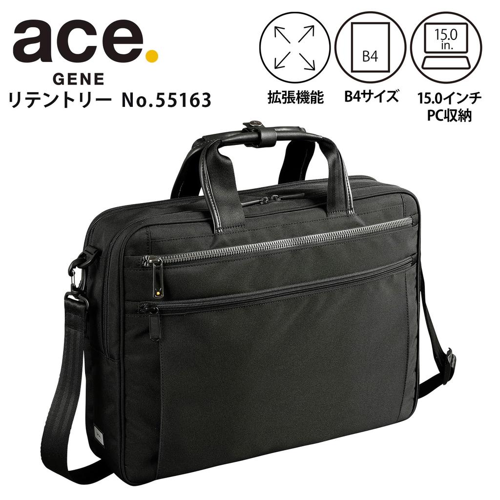 Ace Gene Business Bag, Retentory, 42cm, B4 Size, 2 Compartments, Compatible with 15-inch PCs, Expandable, Set-Up, 55163 01, Black