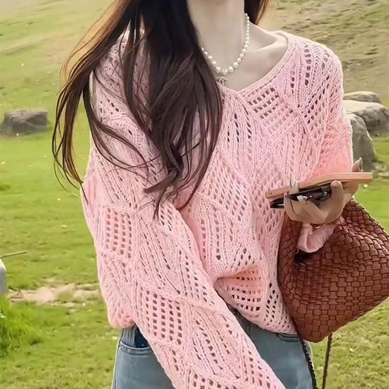 Spring and Summer Hollow Versatile Diamond Knitted Sweater Women Loose and Thin Lazy Long-sleeved Pullover Sweater Women