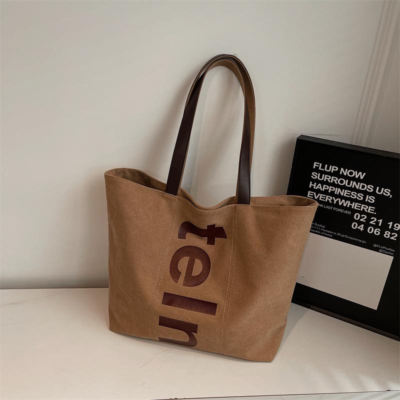 Korean Shoulder Bag Large Capacity Canvas Tote Bag for Women with Letter Print Comfortable and Versatile Texture Storage Bags
