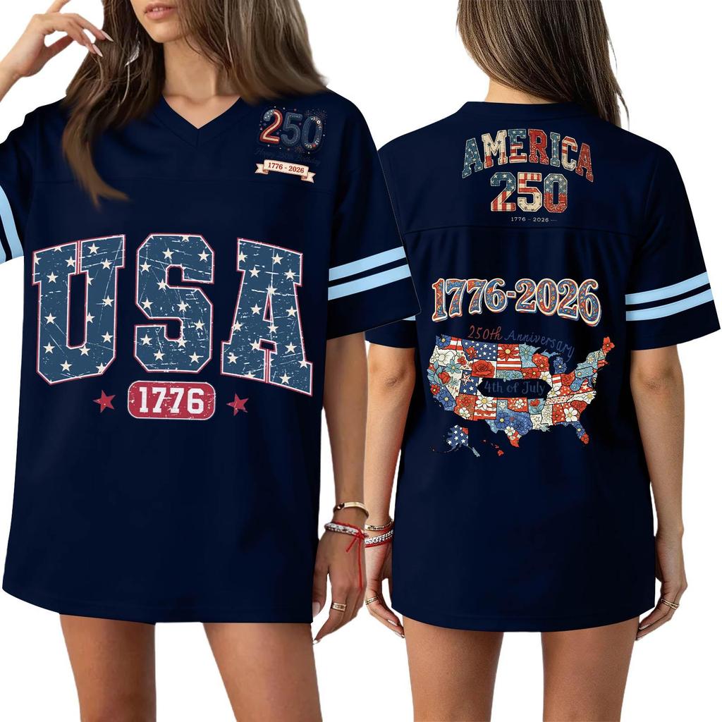 Damska Codzienna Modna Koszulka Sportowa z Dekoltem V z Nadrukiem na Dzień Niepodległości Krótkim Rękawem Top