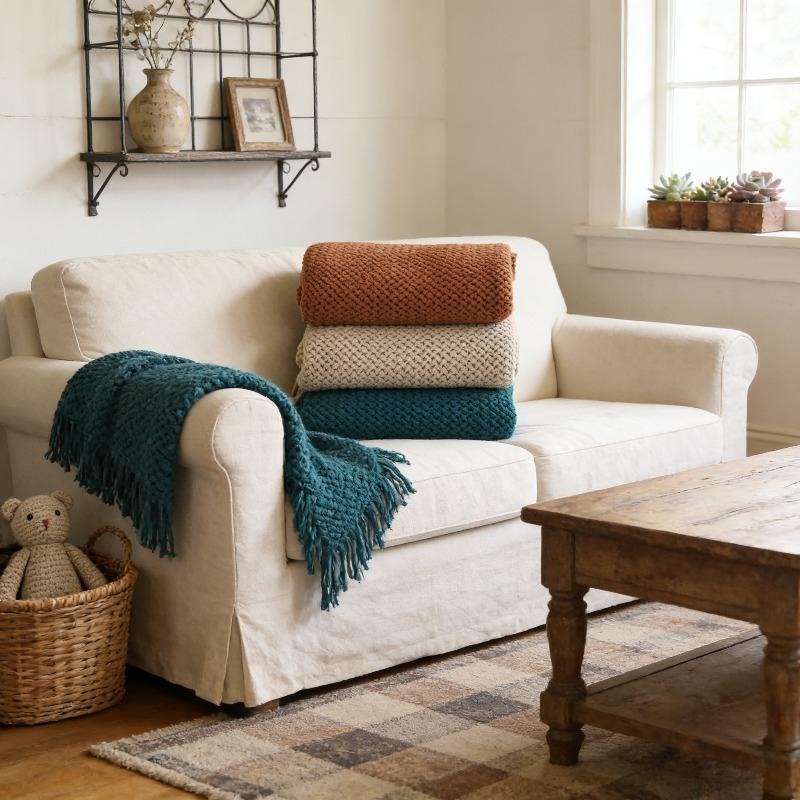 Nordic Style Knitted Wool Sofa Throw Solid Color Soft Lightweight Shawl Blanket for Bedside Couch Office Nap Cozy Warm Comfort