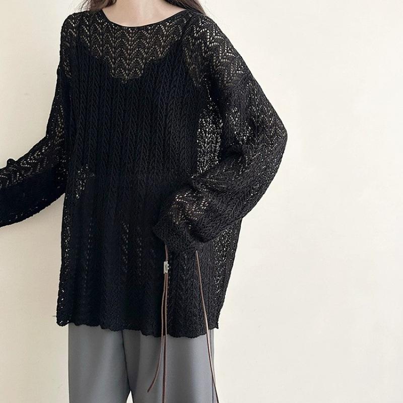2024 Spring and Autumn New Lazy Wind Loose Long Sleeve Fashion Hollowed-out Slit Knitted Blouse