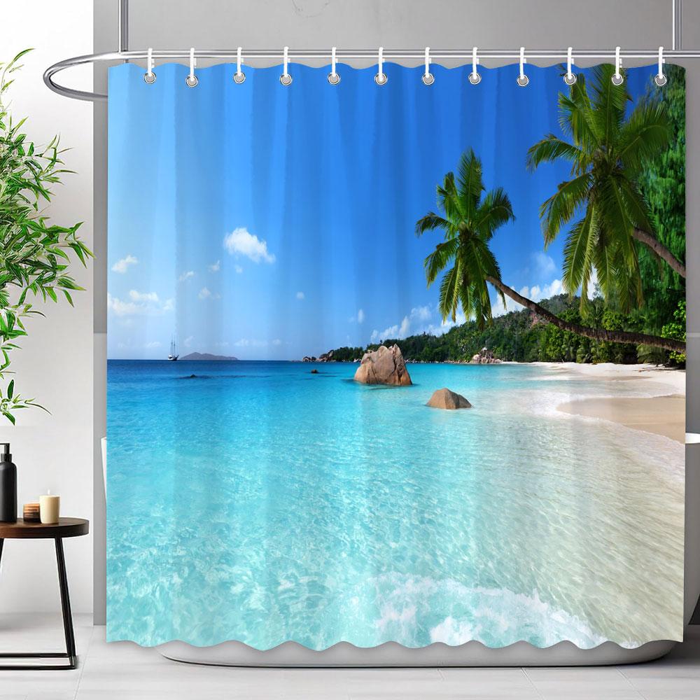 Sceneria Morska Zasłona Prysznicowa Niebieski Ocean Plaża Tropikalne Lasy Outdoor Natura Krajobraz Poliestrowe Zasłony Prysznicowe Wystrój Łazienki