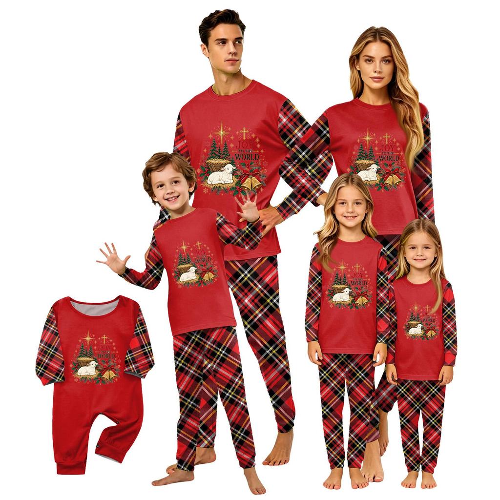 Christmas-print long-sleeve and long-pant matching family loungewear set