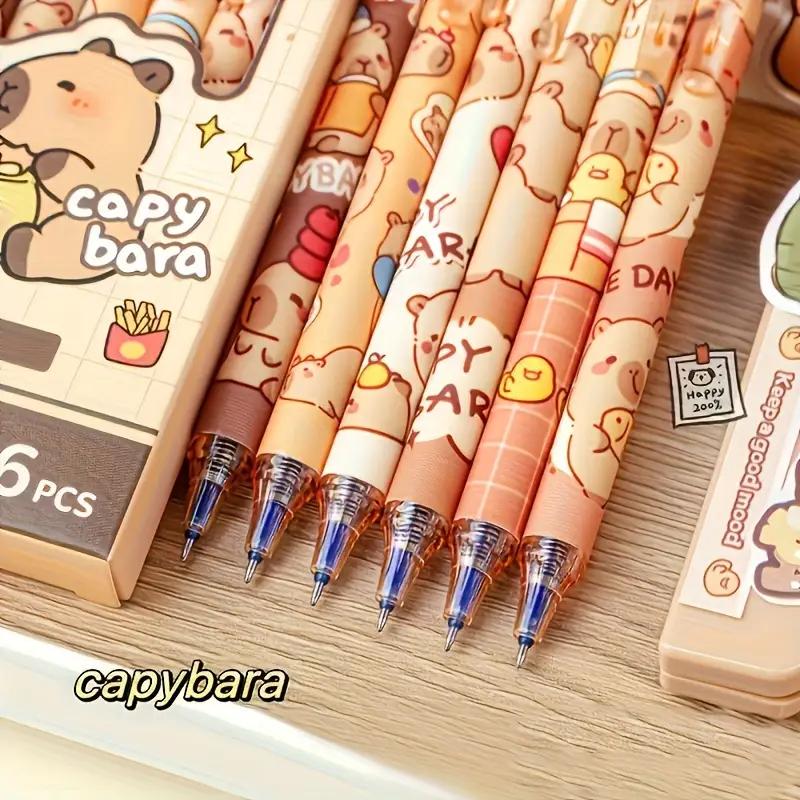 6 Cute Capybara Erasable Pens 0.5mm Fine Tip, Quick-Dry Ink, Retractable Rollerball w/ Eraser, Yellow-Brown, Office & School