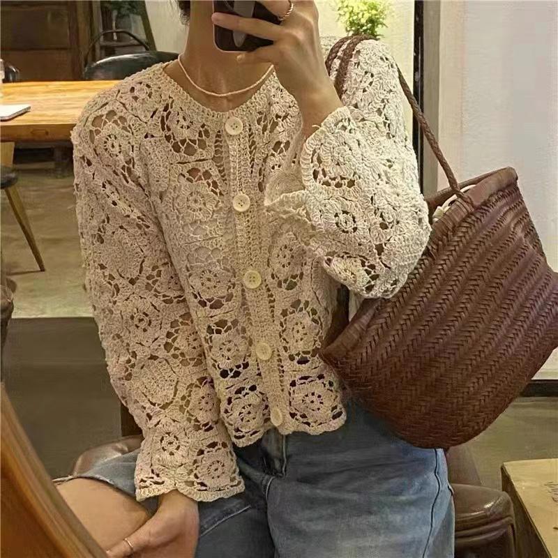 Elegant Long Sleeve Lace Hollow Women Blouse New Cotton Cardigan Female Shirt Ladies Spring and Summer O Neck Casual Versatile Cardigan Female Clothes