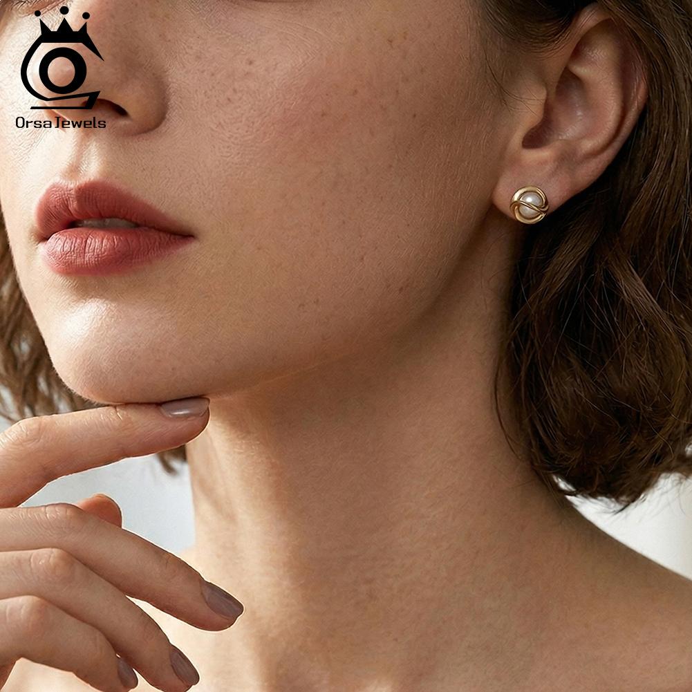 ORSA JEWELS 14K Gold 925 Sterling Silver Pearl Mini Small Stud Earrings for Women Chic Minimalist Office Korean Jewelry GPE136