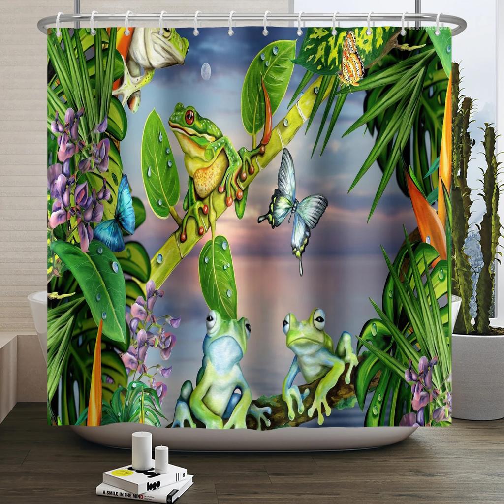 Lustiger Frosch Duschvorhang für Badezimmer Pilz Schmetterling Floral Grüne Pflanze Cartoon Tier Wasserdicht Polyester Duschvorhang