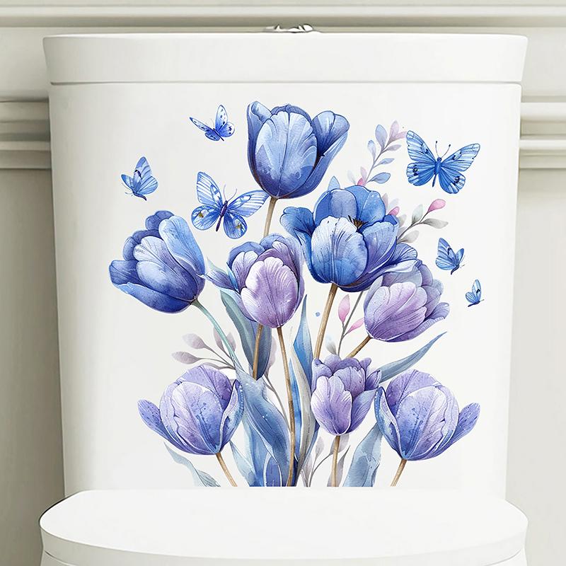Badezimmer-WC-Aufkleber, modernes minimalistisches blaues Blumen-Schmetterlingsmuster, selbstklebende Gemälde für die Badezimmer-Wohnzimmerdekoration
