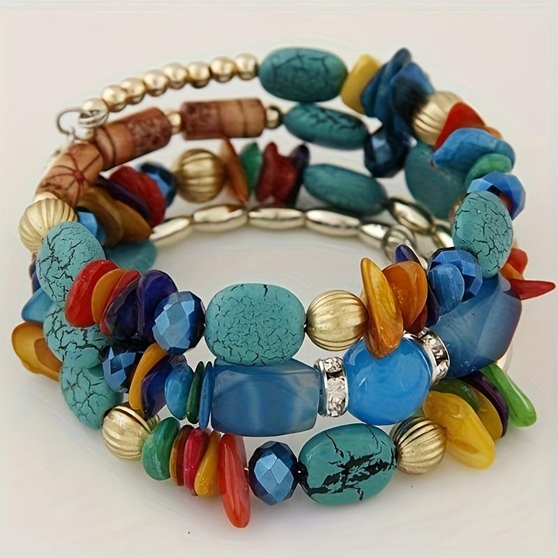 

1pc Bohemian Vintage Bracelet, Colorful Natural Turquoise Multi Layer Elastic Wrapped Bangle, Exquisite Ethnic Jewelry for Women