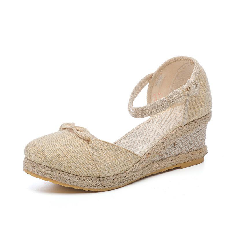 

Korean Style 2025 Women s Wedge Heel Espadrille Sandals - Comfortable, Casual, Pointed Toe, Buckle Design Size 34 бежевый