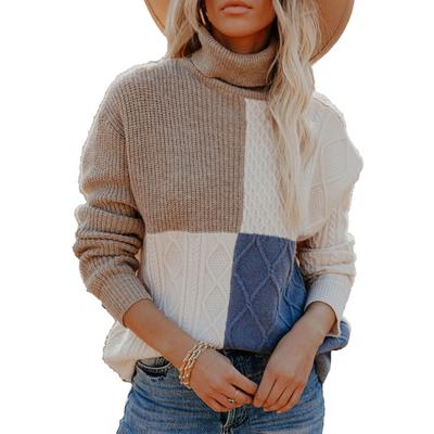 Women Color Block Turtleneck High Collar Long Sleeve Loose Hem Knitted Women Turtleneck Sweater for