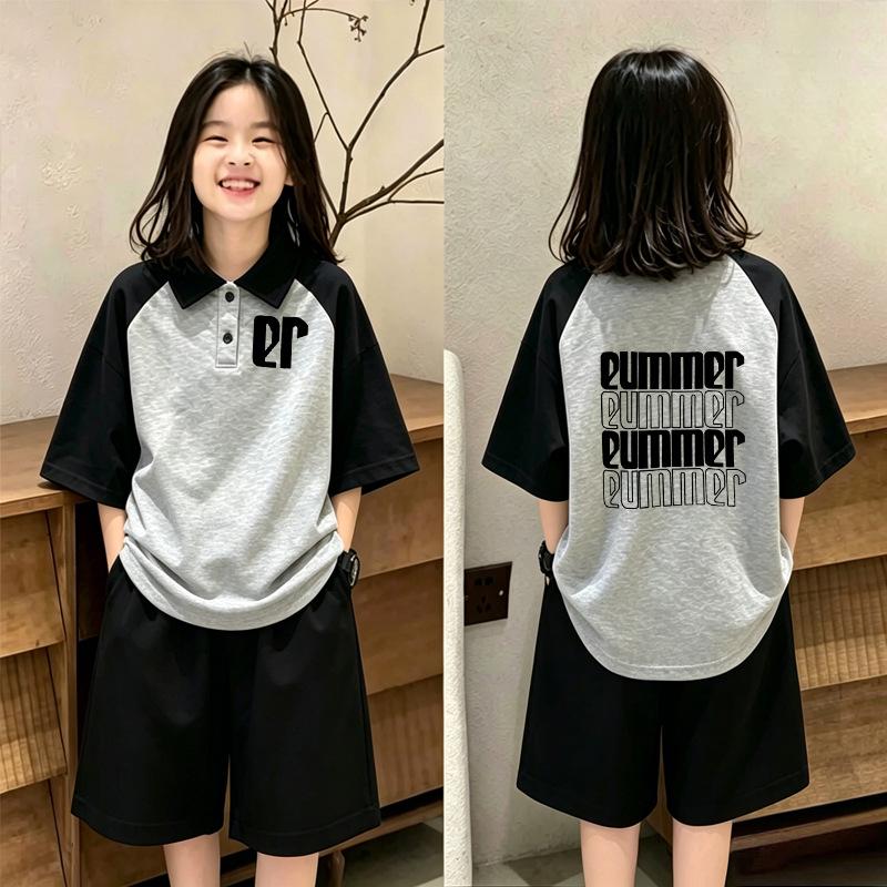 Girls' Loose Lapel Short-Sleeve Patchwork Polo T-Shirt Set - Summer Fashion for Medium & Large Children