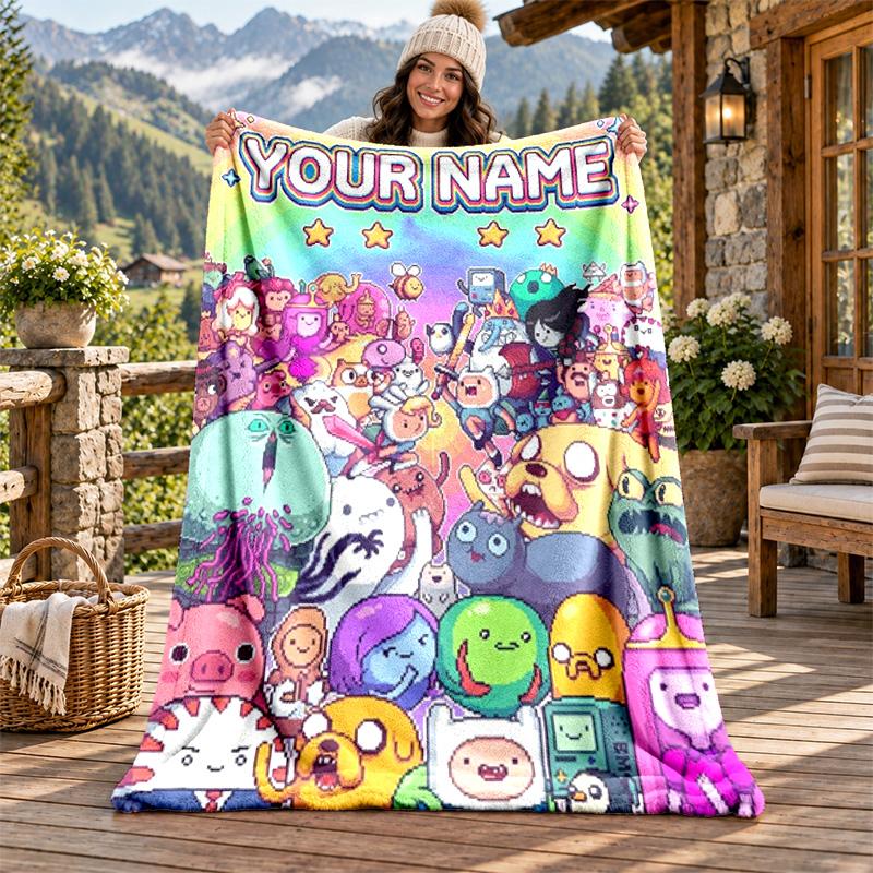 Adventure Time Custom Name Flannel Blanket Personalized Soft Warm Plush Throw Blanket Customized Gift for Family Friends