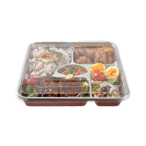 Fukusuke Mokko Food Packs with Dividers, 3-Pack, Silver and Vermilion, 27cm x 27cm x 4cm, Made in Japan, Commercial Use, Takeout Containers, Disposabl