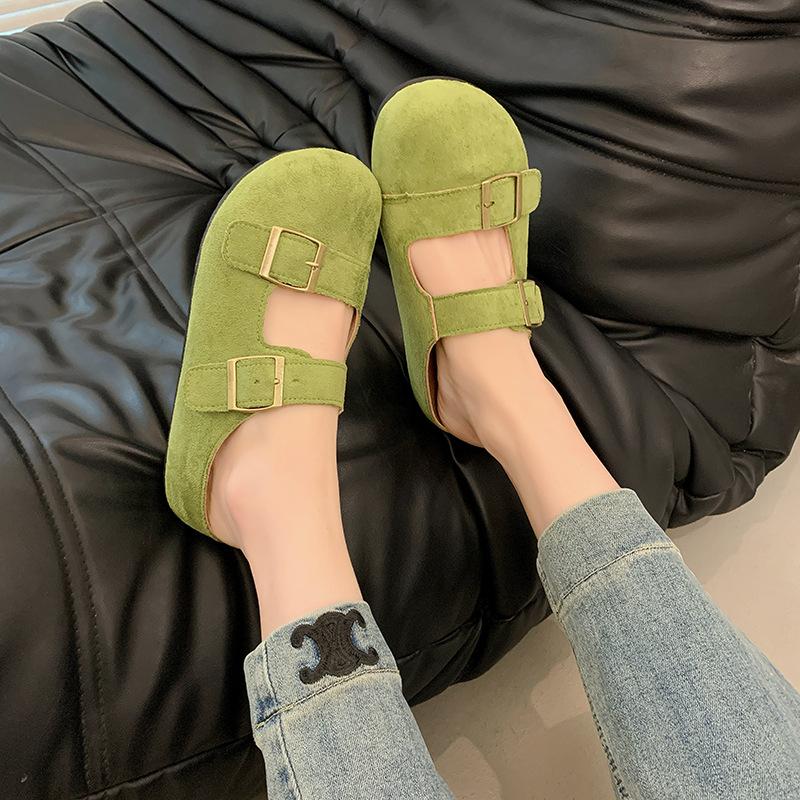 2025 весна новая круглая голова плоская подошва один ремешок низкий каблук мягкая кожа матовая толстая подошва ленивые полушлепанцы boken женская обувь