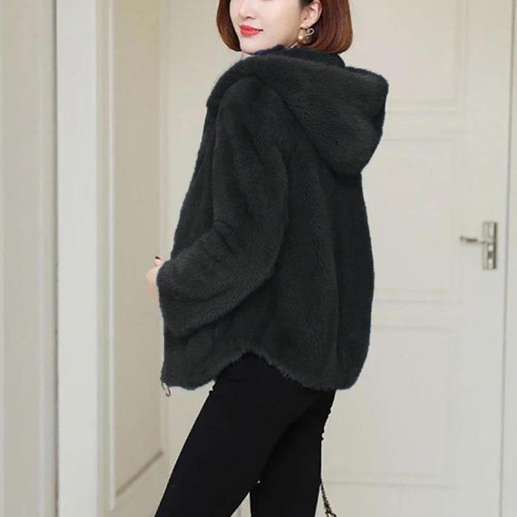 Warm Lamb Wool Jacket Women Loose Hooded Sweater Solid Color Double Sided Coral Velvet Zippered