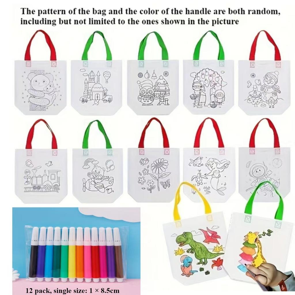 24pcs Set(12 bags+12 markers), DIY Graffiti Pack with Colored Markers, Reusable Animal Art Party Gift Bags,Storage Accessories