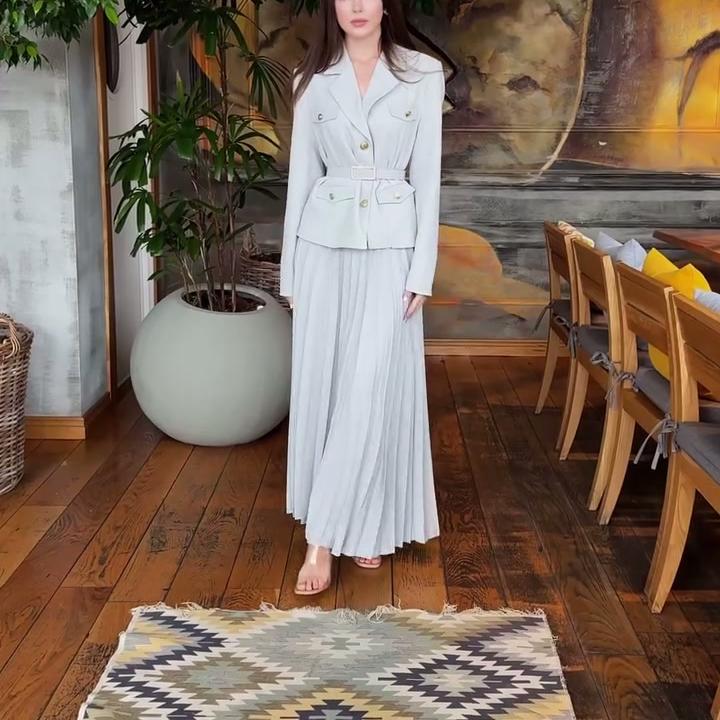 2025 Damsort Chic Bältad Cardigan Kostymjacka & Långklänning Set