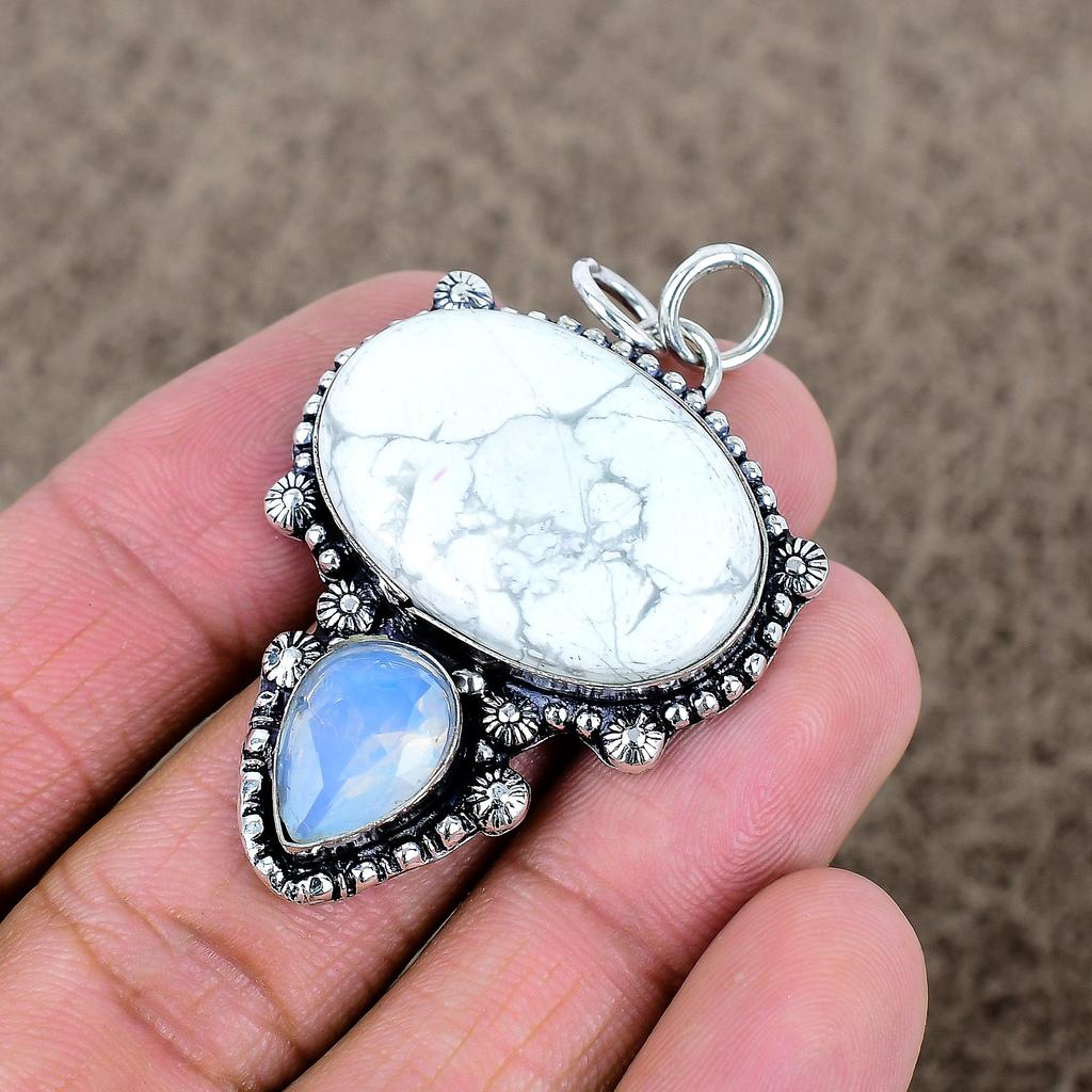 Howlite Jasper, Opal Gemstone 925 Sterling Silver Jewelry Pendant 2.05" KKG-314